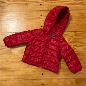 Red Hooded Puffer Jacket primary colors
